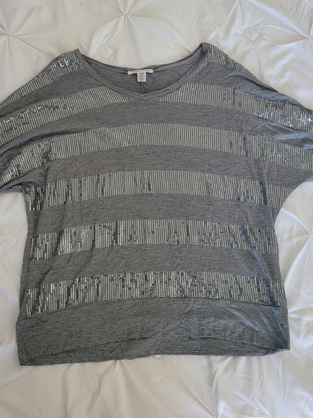 Kenneth Cole New York Gray Sequin Stripe V-Neck Short Sleeve Top